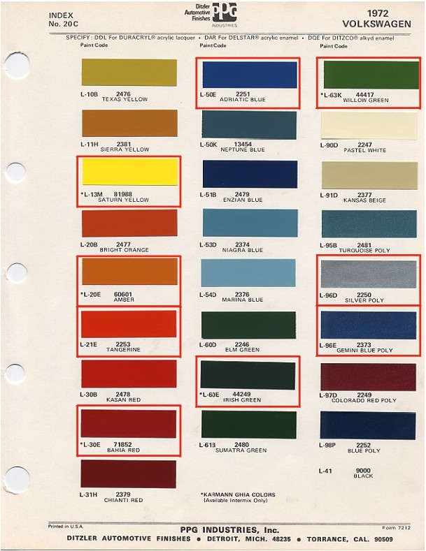 Porsche 911 Color Chart